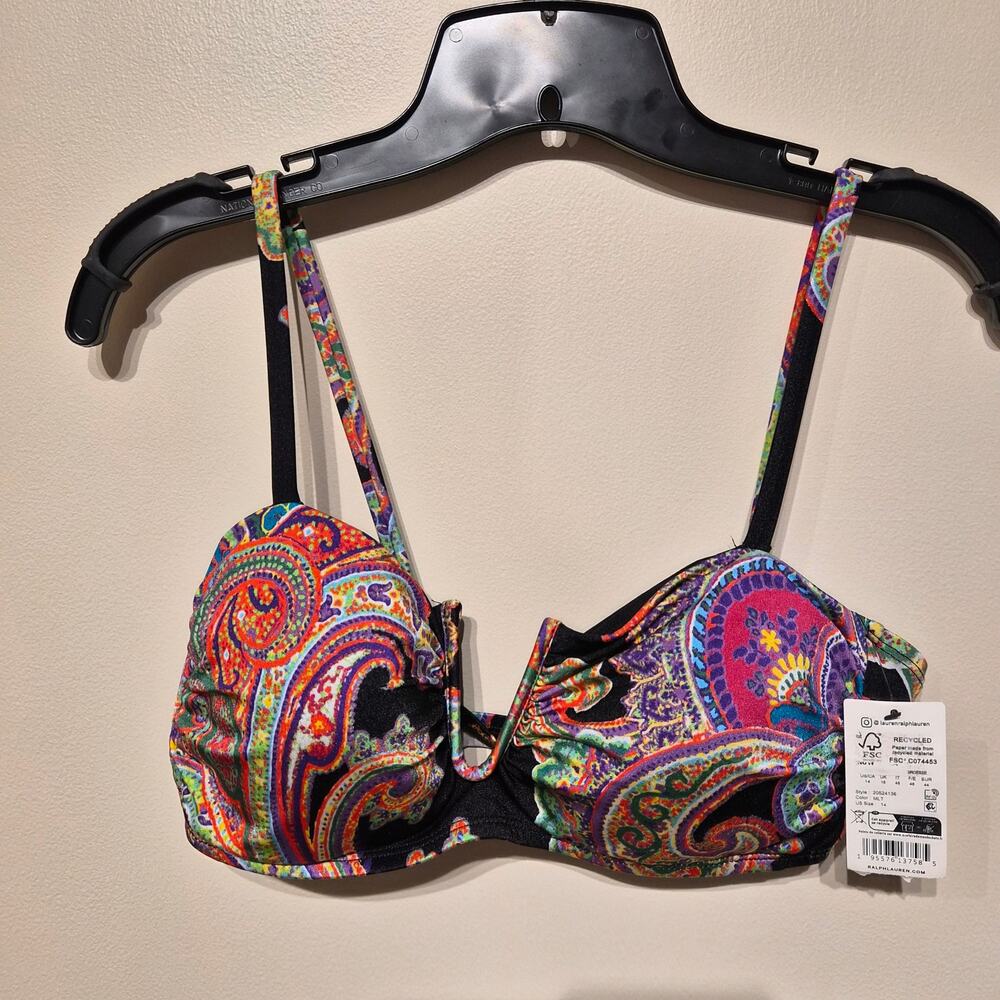 Lauren Ralph Lauren NWT 14 Black Paisley Bikini U-Wire Top